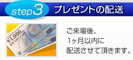 step3/プレゼントの配送：ご来場後、1ヶ月以内に配送させて頂きます。